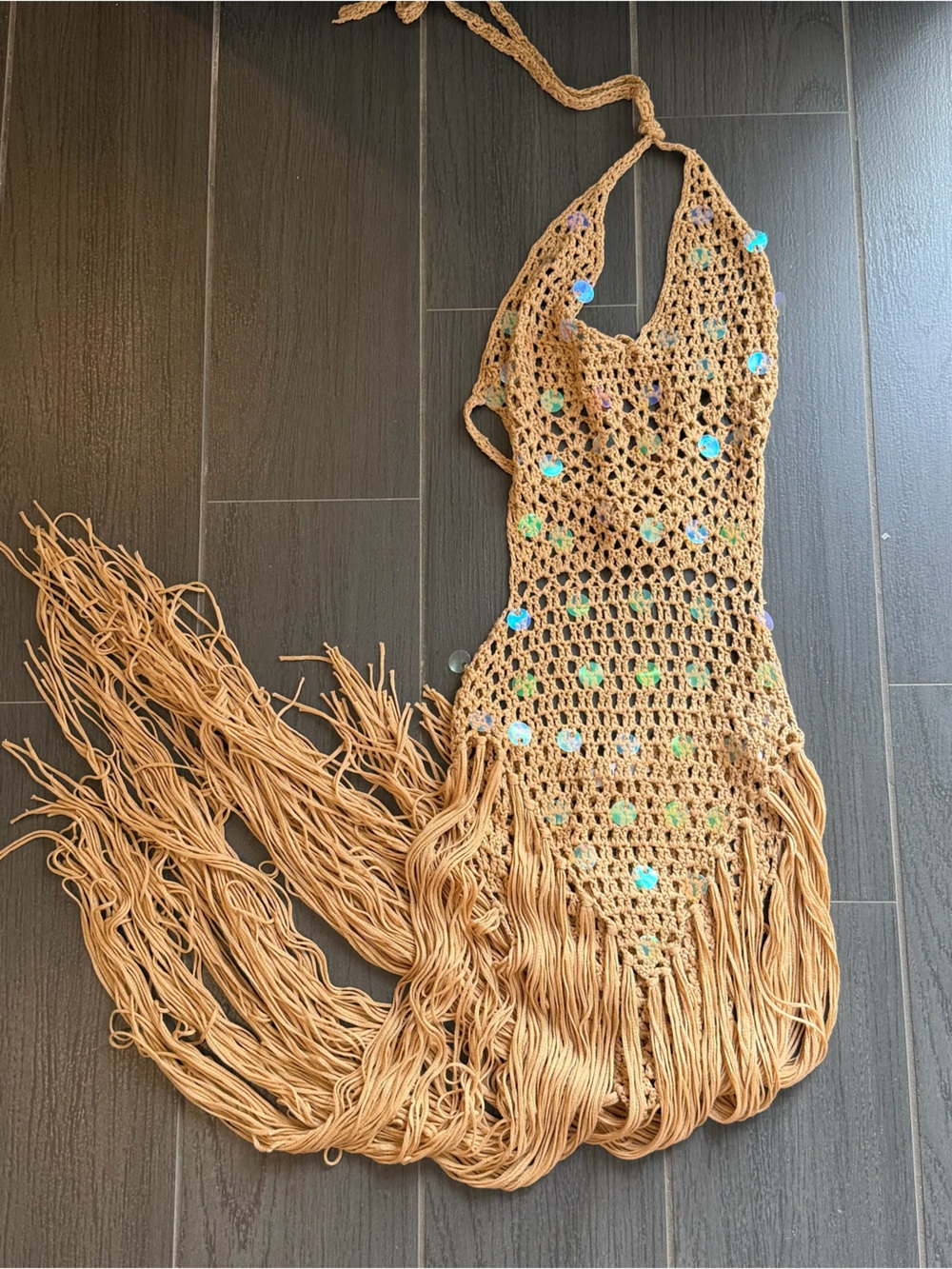 Handmade Crochet Fringe Halter Dress in Tan